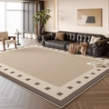 French vintage beige rug with dark brown checkered border in modern living room - Persian Velvet - Misty Island Courtyard