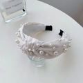 Elegant cream wide-brimmed knotted satin headband with white pearl bead embellishments - Satin Knotted Pearl