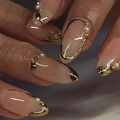 Handmade almond press-on nails with elegant gold metallic lines and pearl accents - K054【24pcs】 / Boxed (jelly Gel + Granules)