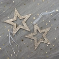 Two gold glitter hollow star ornaments with white organza ribbons for Christmas decor - Champagne Gold Star 2Pcs