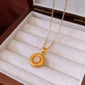 Detail of vintage gold necklace with round pendant and gemstone in a wooden gift box - Gold Round Pink Jade Pendant (9#)