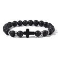 Men's beaded cross bracelet featuring black volcanic stone and silver metal spacers - Lava Stone Style 01