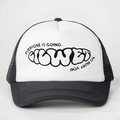 Adjustable black and white trucker hat with everyone embroidery and breathable mesh back - One Size / Black