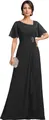 Elegant black long chiffon dress with asymmetrical neckline and beaded waist detail - US size 2 / Top And Bottom / Black