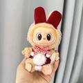 Labubu plush pendant wearing a red plaid bow and rabbit costume outfit - Small Red Bunny / First And Second Generation Keychains Are Compatible With La Cloth Dolls. Dolls Not Included.