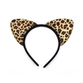 Leopard print plush cat ear headband with soft texture and black animal ear design - Yellow Leopard