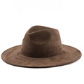 Detail of a dark brown suede wide brim fedora hat with vintage flat top and fine stitching - M (56-58cm) / Suede Heart Coffee