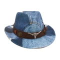Cappello da cowboy per bambini in patchwork denim blu con emblema testa di toro in metallo - Taglia Bambino (Pizzicato sulla parte superiore) / Azzurro (Ornamento Testa di Mucca)