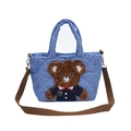 Borsa a mano blu a quadretti per bambini con orsetto di peluche e tracolla marrone - Blu