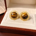 Vintage round tiger eye earrings with golden wavy frame on a velvet jewelry box - Real Gold Plated 925 Silver Pin Vintage Tiger Eye Lace Stud Earrings (46#)