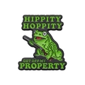 Funny green cartoon frog enamel pin with Hippity Hoppity Get Off My Property text - Meme Frog with Rifle
