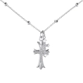 S925 sterling silver cross pendant necklace with sparkling pavé stones and beaded chain - Silver Double Cross