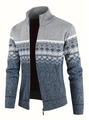 Close-up of men's color-block knit cardigan with stand collar and geometric Nordic patterns - M / Light Gray