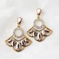 Bohemian fan-shaped earrings in gold alloy with amber stones and sparkling crystal accents - Copper