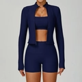 Three-piece dark blue ribbed yoga set featuring zipper jacket, sports bra and high-waist shorts - S / 3-Piece Set (Bra+Shorts+Jacket) / Navy Blue