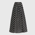 Detailed view of high-waist polka dot A-line maxi skirt with elegant pleated waistline - One Size / Polka Dot Maxi Skirt Only
