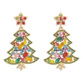 Detailed view of Christmas tree earrings with multi-colored crystals and gold plating - Colorful Rhinestone Christmas Tree / Colorful Star