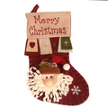 Deep red velvet Christmas stocking with burlap cuff and 3D Santa Claus doll decor - Dark Red