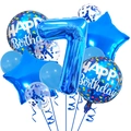 Close-up of blue 7th birthday balloon set with star and confetti latex balloons - Number 7 / Light Blue