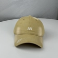 Detailed view of khaki canvas baseball cap with embroidery and distressed brim details - One Size (54-60cm) / Khaki