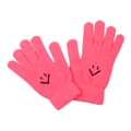 Close-up of pink knit gloves with black smiley face embroidery and ribbed cuffs - One Size / Rose Red