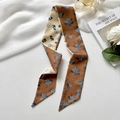 Floral print silk scarf ribbon in caramel and cream colors for hair and bag styling - Caramel Daisy