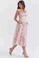 Pink floral print A-line midi dress with spaghetti straps and a flattering square neck design - S / Pink