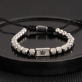 Silver crown engraved plaque with black braided rope bracelet for men and women - Steel Color Crown Zirconia Plate Bracelet