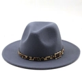 Detail of dark gray wool fedora featuring leopard print band and gold buckle - M (56-58cm) / Dark Gray