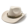 Chapeau de cowboy en feutre de laine beige avec bande bohème et bord incurvé - M (56-58cm) / Poche zippée