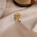 Sunflower alloy brooch with yellow crystals and green enamel on silk fabric - 578# Sunflower