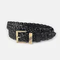 Handwoven black leather belt for women featuring a vintage square metal pin buckle - Black