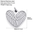 Silver stainless steel winged heart pendant with size measurements and specs - Silver Tone Heart (S16)