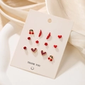 Coffret 6 paires de puces d'oreilles fruits rouges avec émail cerise et piment doré - Ensemble Cœur Piment Cerise Rouge (E1269-1)
