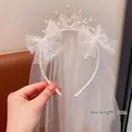 White princess crown headband with 40cm mesh veil and elegant pearl bow details - Crown Headband Veil / Veil Length 40cm / White