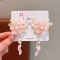 Pink flower and white bird Hanfu hair clips with pearl tassel for girls - Swallow Pink