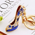 Golden high heel keychain with dark blue enamel finish and white crystal flower pattern - Royal Blue Star High Heels