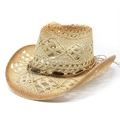 Detail of hollow-woven cowboy straw hat with brown beaded decorative band for summer wear - M (56-58cm) / Beige With Khaki Spray