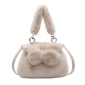 Beige faux fur bucket bag featuring a plush oversized bow and silver heart metal clasps - Bowknot Style / Light Khaki