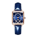 Montre carrée en or rose pour femme avec bracelet en cuir bleu foncé et cristaux - Bracelet en Cuir Bleu Cadran Bleu