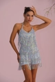 Short rainbow sequin fringe mini dress with halter neck design and light blue base - Light Blue