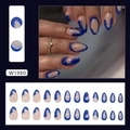 24pcs almond press on nails with elegant blue wavy lines and nude base finish - Almond Press On Nails (W1980) / Cold Glacier Blue (Glue Style)