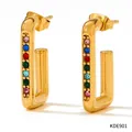 Rectangular gold hoop earrings featuring multi-color round zircon stones for women - Gold Colorful Zirconia Geometric Earrings (KDE901)