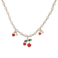 Elegante collana di perle con ciondoli a forma di ciliegia rossa e cuore per donne - Collana Ciliegia Cuore Rosso Oro