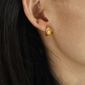 Gold plated horn hoop earrings with C-shaped twisted thread design for women - Threaded Wavy Studs / Gold