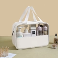 Transparent PVC makeup bag with white straps and macarons print for travel storage - Large / White