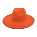 Detailed view of a bright orange wide brim wool felt fedora hat with a classic creased crown - M (56-58cm) / Orange