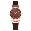 Montre quartz pour femme avec cadran brun foncé et bracelet magnétique en maille or rose - Café