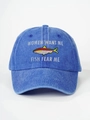 Washed blue denim baseball cap with Women Want Me Fish Fear Me embroidery and fish graphic - Sapphire Blue