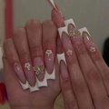 Extra lange eckige Press-on-Nägel mit rosa Glitzer, French Tips und 3D-Schmetterling - Gelber Geleekleber